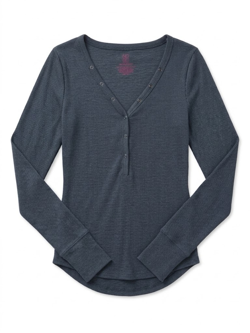 NOBO Waffle-Knit Henley Long Sleeve Top - Charcoal Blue